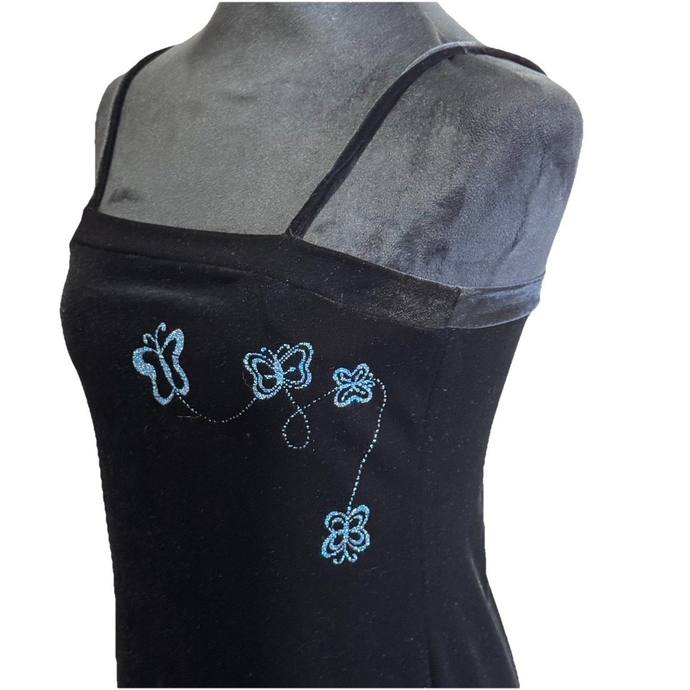 Y2K VTG Navy Stretch Velvet Formal Column Dress Sparkly Butterfly Detail Prom
